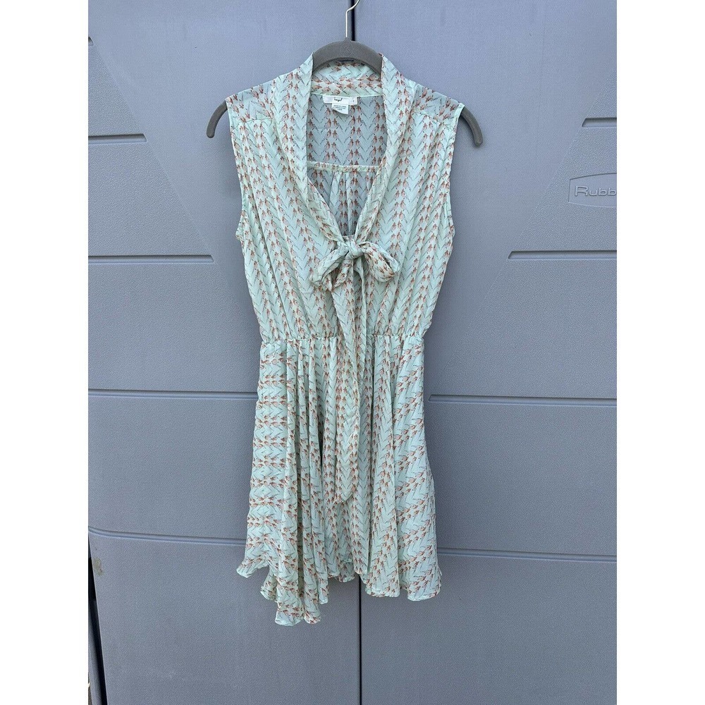 HAZEL Chiffon Pastel Birds Print Secretary Tie Fit & Flare Flowy Dress Sz Med
